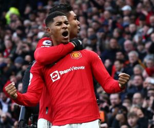epa10405059 Manchester United's Marcus Rashford (front) celebrates scoring the 2-1 lead during the English Premier League soccer match between Manchester United and Manchester City in Manchester, Britain, 14 January 2023.  EPA/Adam Vaughan EDITORIAL USE ONLY. No use with unauthorized audio, video, data, fixture lists, club/player publications