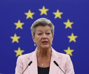 epa10411294 European Commissioner for Home Affairs Ylva Johansson speaks during a debate on the new developments in allegations of corruption and foreign interference, including those related to Morocco, and the need to increase transparency, integrity and accountability in the European institutions at the European Parliament in Strasbourg, France, 17 January 2023.  EPA/JULIEN WARNAND