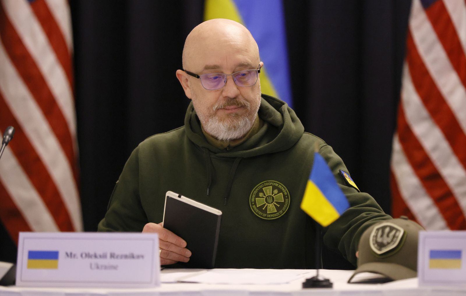 epa10417533 Ukrainian Minister of Defense Oleksii Reznikov attends the third meeting of Ukraine Defense Contact Group at the US Air Base in Ramstein, Germany, 20 January 2023. The US Secretary of Defense Austin has invited Ministers of Defense and senior military officials from around the world to Ramstein to discuss the ongoing crisis in Ukraine and various security issues facing US allies and partners.  EPA/RONALD WITTEK