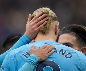 epa10423030 Manchester City's Erling Haaland celebrates  after scoring the first goal during the English Premier League soccer match between Manchester City and Wolverhampton Wanderers at the Etihad stadium in Manchester, Britain, 22 January 2023.  EPA/PETER POWELL EDITORIAL USE ONLY. No use with unauthorized audio, video, data, fixture lists, club/league logos or 'live' services. Online in-match use limited to 120 images, no video emulation. No use in betting, games or single club/league/player publications