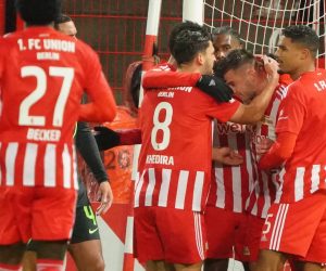 epa10441677 Union’s player celebrate after scoring the 1-1 goal in the German DFB Cup round of sixteen soccer match between FC Union Berlin and VfL Wolfsburg in Berlin, Germany, 31 January 2023.  EPA/CLEMENS BILAN CONDITIONS - ATTENTION: The DFB regulations prohibit any use of photographs as image sequences and/or quasi-video.