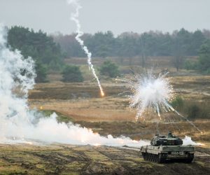 epa10442770 A 'Leopard 2 A6' battle tank in action during a visit of German Defense Minister Pistorius (not pictured) to German armed forces Bundeswehr soldiers of the tank battalion 203 in Augustdorf, Germany, 01 February 2023. According to the German government's decision to supply 14 Leopard 2 tanks to Ukraine, Pistorius got informed about the performance of the weapon system.  EPA/FRIEDEMANN VOGEL