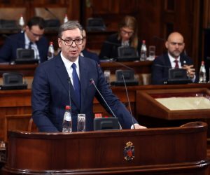 epa10443933 Serbian President Aleksandar Vucic addresses the members of the Parliament during a special session in Belgrade, Serbia, 02 February 2023. Serbia's Parliament convened for a special session so its members could be informed by the president and government officials on the ongoing negotiating process between Belgrade and Pristina.  EPA/ANDREJ CUKIC