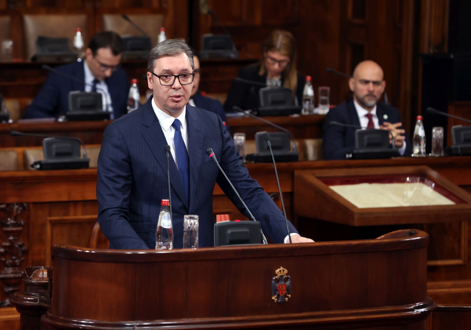 epa10443933 Serbian President Aleksandar Vucic addresses the members of the Parliament during a special session in Belgrade, Serbia, 02 February 2023. Serbia's Parliament convened for a special session so its members could be informed by the president and government officials on the ongoing negotiating process between Belgrade and Pristina.  EPA/ANDREJ CUKIC