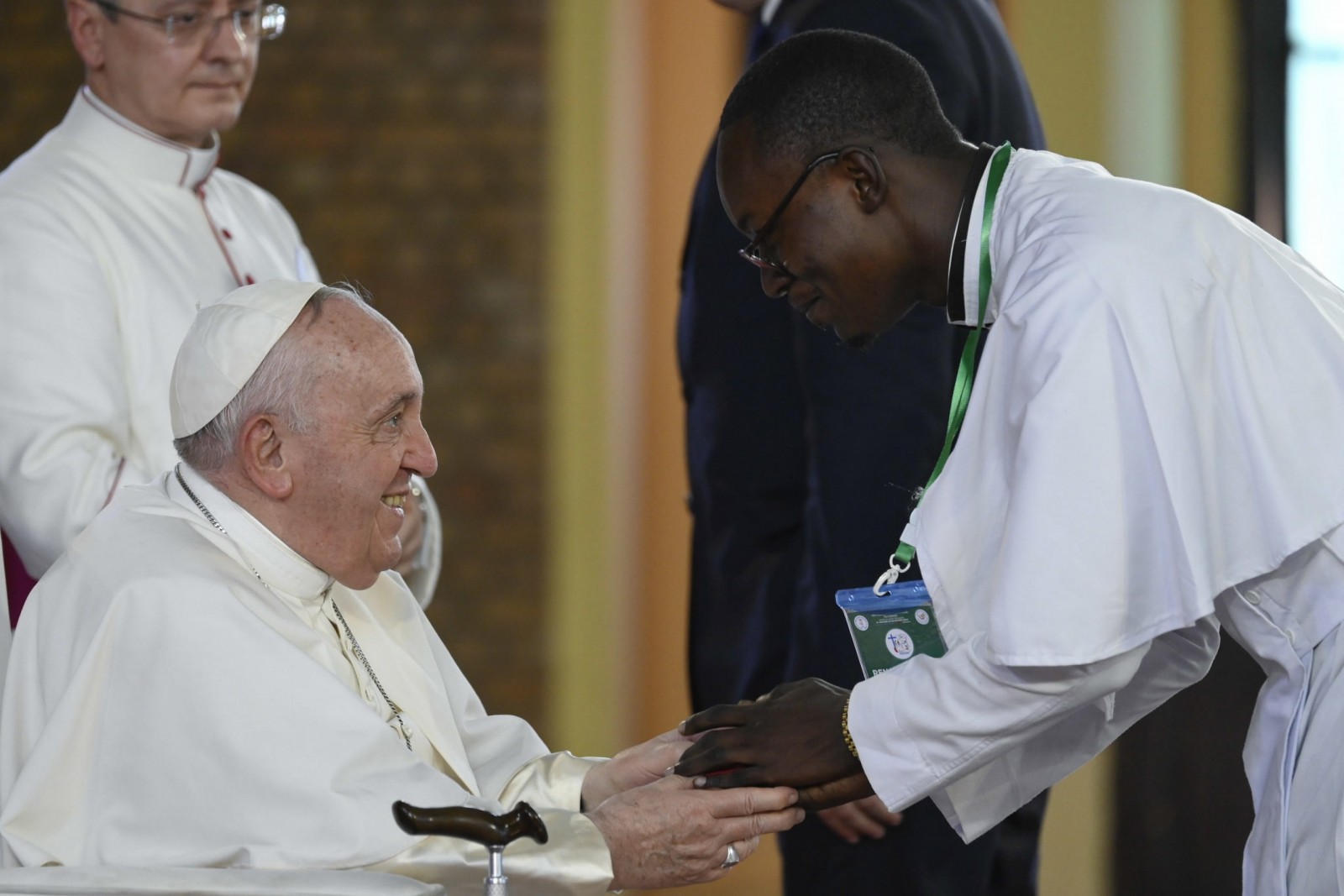 epa10444563 A handout picture provided by the Vatican Media shows Pope Francis attending a prayer meeting with priests, deacons, consecrated persons and seminarians at Notre Dame Du Congo Cathedral in Kinshasa, Democratic Republic of Congo (DRC), 02 February 2023. Pope Francis arrived in the Democratic Republic of Congo on 31 January 2023, on the first leg of a six-day trip to Africa that will also include troubled South Sudan.  EPA/VATICAN MEDIA HANDOUT  HANDOUT EDITORIAL USE ONLY/NO SALES