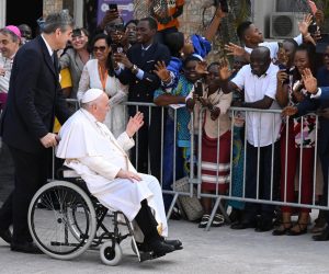 epa10445208 Pope Francis (2-L) arrives to meet bishops at the Episcopal Conference of the Democratic Republic of the Congo (CENCO) in Kinshasa, Democratic Republic of Congo (DRC), 03 February  2023. Pope Francis is on a six-day trip to Africa that will also include South Sudan.  EPA/CIRO FUSCO
