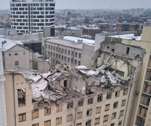 epa10448651 A damaged building of the Kharkiv National University of Urban Economy following a missile strike in Kharkiv, northeastern Ukraine, 05 February 2023, amid Russia's invasion. At least four people were injured after two Russian missiles hit downtown Kharkiv on 05 February, the head of the Kharkiv regional military administration, Oleg Sinegubov wrote on telegram. Kharkiv and surrounding areas have been the target of heavy shelling since February 2022, when Russian troops entered Ukraine starting a conflict that has provoked destruction and a humanitarian crisis.  EPA/SERGEY KOZLOV