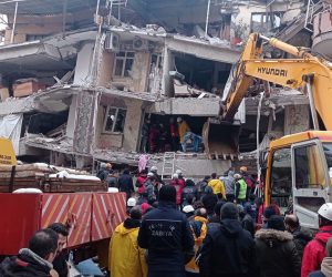 epa10450342 Emergency personnel search for victims at the site of a collapsed building after a powerful earthquake in Diyarbakir, southeast of Turkey, 06 February 2023. According to the US Geological Service, an earthquake with a preliminary magnitude of 7.8 struck southern Turkey close to the Syrian border. The earthquake caused buildings to collapse and sent shockwaves over northwest Syria, Cyprus, and Lebanon.  EPA/DENIZ TEKIN