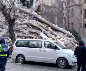 epa10450460 A handout photo made available by Sana shows damage caused by the earthquake that affected Syria, in the city of Aleppo, Syria 06 February 2023.  EPA/SANA  HANDOUT EDITORIAL USE ONLY/NO SALES