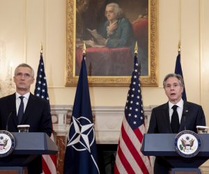 epa10455520 US Secretary of State Antony Blinken (R) and NATO Secretary General Jens Stoltenberg (L) hold a news conference during Stoltenberg's visit to the State Department, in Washington, DC, USA, 08 February 2023. Stoltenberg meets with US Secretary of State Antony Blinken and US Secretary of Defense Lloyd Austin to discuss cooperation in Ukraine during the ongoing Russian invasion.  EPA/MICHAEL REYNOLDS