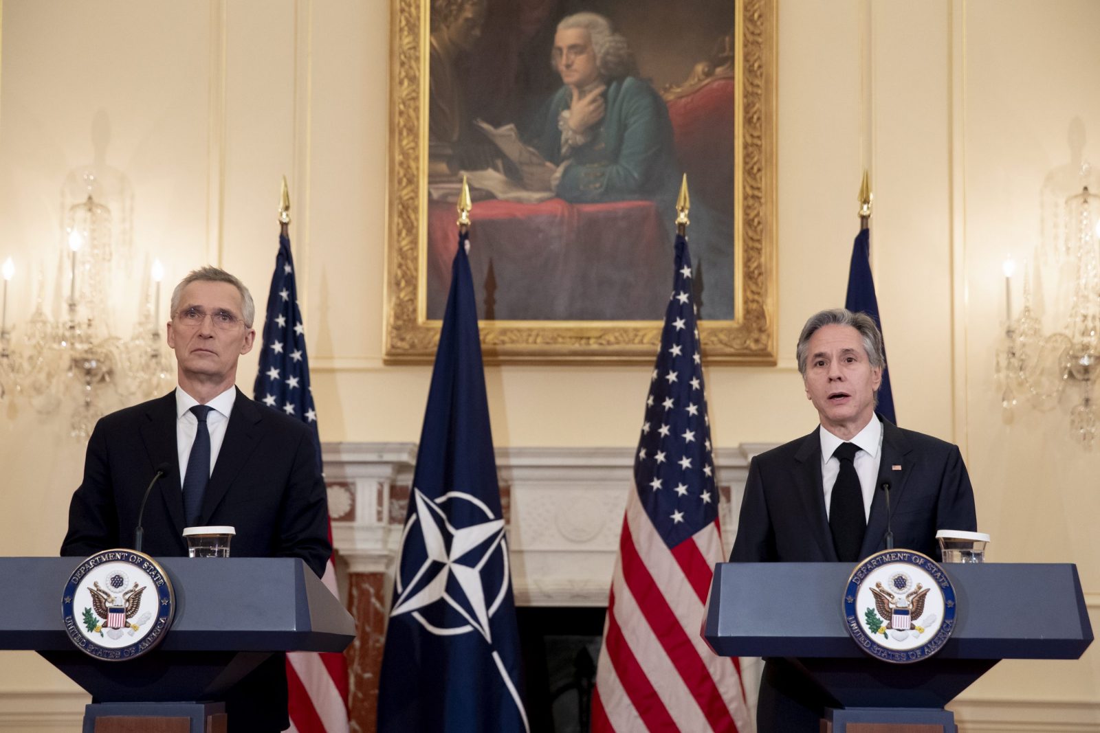 epa10455520 US Secretary of State Antony Blinken (R) and NATO Secretary General Jens Stoltenberg (L) hold a news conference during Stoltenberg's visit to the State Department, in Washington, DC, USA, 08 February 2023. Stoltenberg meets with US Secretary of State Antony Blinken and US Secretary of Defense Lloyd Austin to discuss cooperation in Ukraine during the ongoing Russian invasion.  EPA/MICHAEL REYNOLDS