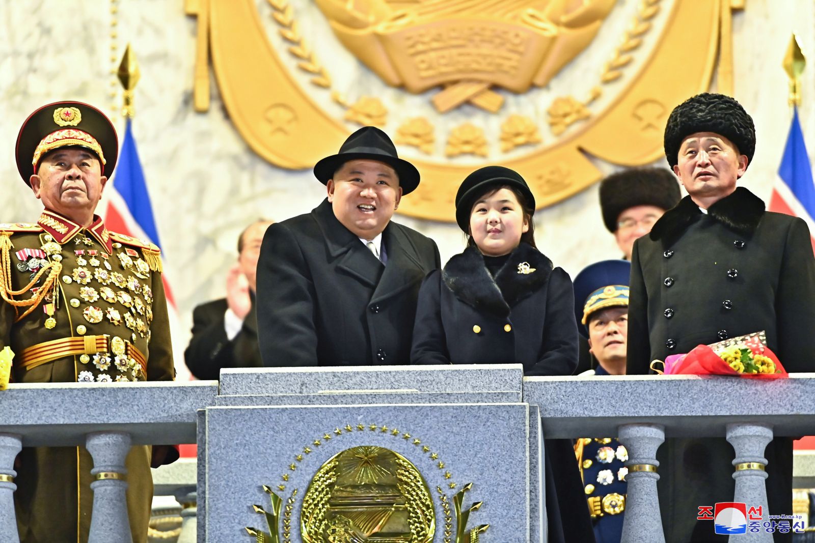 epaselect epa10455972 A photo released by the official North Korean Central News Agency (KCNA) shows North Korean Supreme leader Kim Jong-un (C-L) and his daughter Kim Jue-ae (C-R) viewing a military parade at Kim Il Sung Square to mark the 75th anniversary of the founding of the Korean People's Army (KPA), the revolutionary armed forces of the Worker's Party of Korea (WPK). in Pyongyang, North Korea, 08 February 2023 (issued 09 February 2023).  EPA/KCNA   EDITORIAL USE ONLY