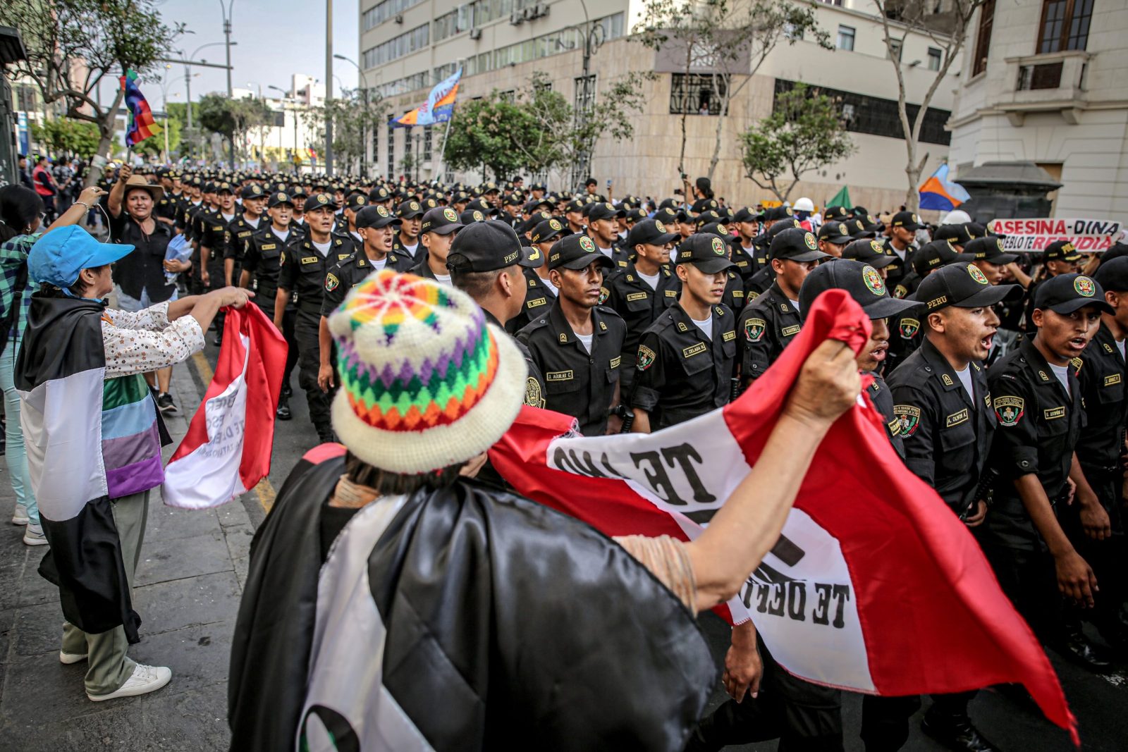 epa10458002 Members of the police are deployed during a national strike called by the General Confederation of Workers of Peru, in Lima, Peru, 09 February 2023. The protest strike demands the resignation of Boluarte, a transitional government with the election of new leadership in Congress, and the call for a referendum for a new constitution to replace the current one, which was drawn up in 1993 under the government of former President Alberto Fujimori (1990-2000).  EPA/Stringer