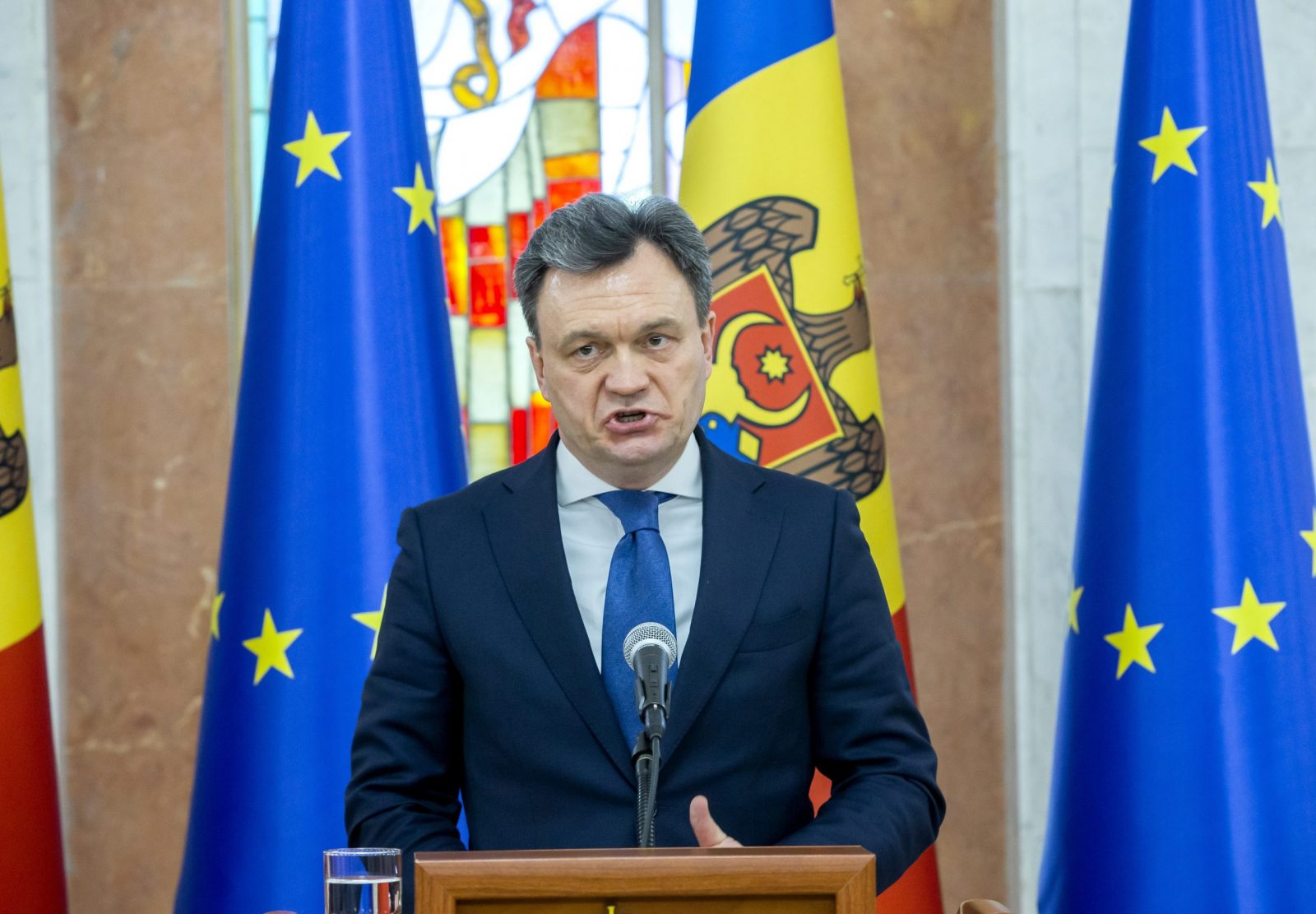 epa10459404 Moldova’s prime minister nominee Dorin Recean attends a press briefing at the presidential building in Chisinau, Moldova, 10 February 2023. The president of Moldova named Dorin Recean as candidate to the premiership of the country hours after Natalia Gavrilita resigned from the post.  EPA/DUMITRU DORU