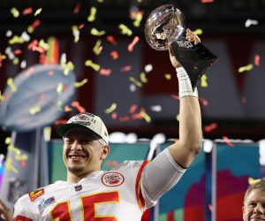 epa10464373 Kansas City Chiefs quarterback Patrick Mahomes hoists the Vince Lombardi Trophy after defeating the Philadelphia Eagles in Super Bowl LVII between the AFC champion Kansas City Chiefs and the NFC champion Philadelphia Eagles at State Farm Stadium in Glendale, Arizona, 12 February 2023. The annual Super Bowl is the Championship game of the NFL between the AFC Champion and the NFC Champion and has been held every year since January of 1967.  EPA/CAROLINE BREHMAN