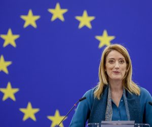 epa10466391 European Parliament President Roberta Metsola addresses a European Parliament session in Strasbourg, France, 14 February 2023.  EPA/JULIEN WARNAND