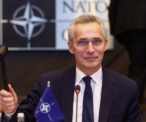 epa10466941 NATO Secretary General Jens Stoltenberg at the start of a NATO defense ministers meeting at the alliance's headquarters in Brussels, Belgium, 14 February 2023. Defense Ministers of the North Atlantic Treaty Organization (NATO) countries gather in Brussels from 14 to 15 February.  EPA/STEPHANIE LECOCQ
