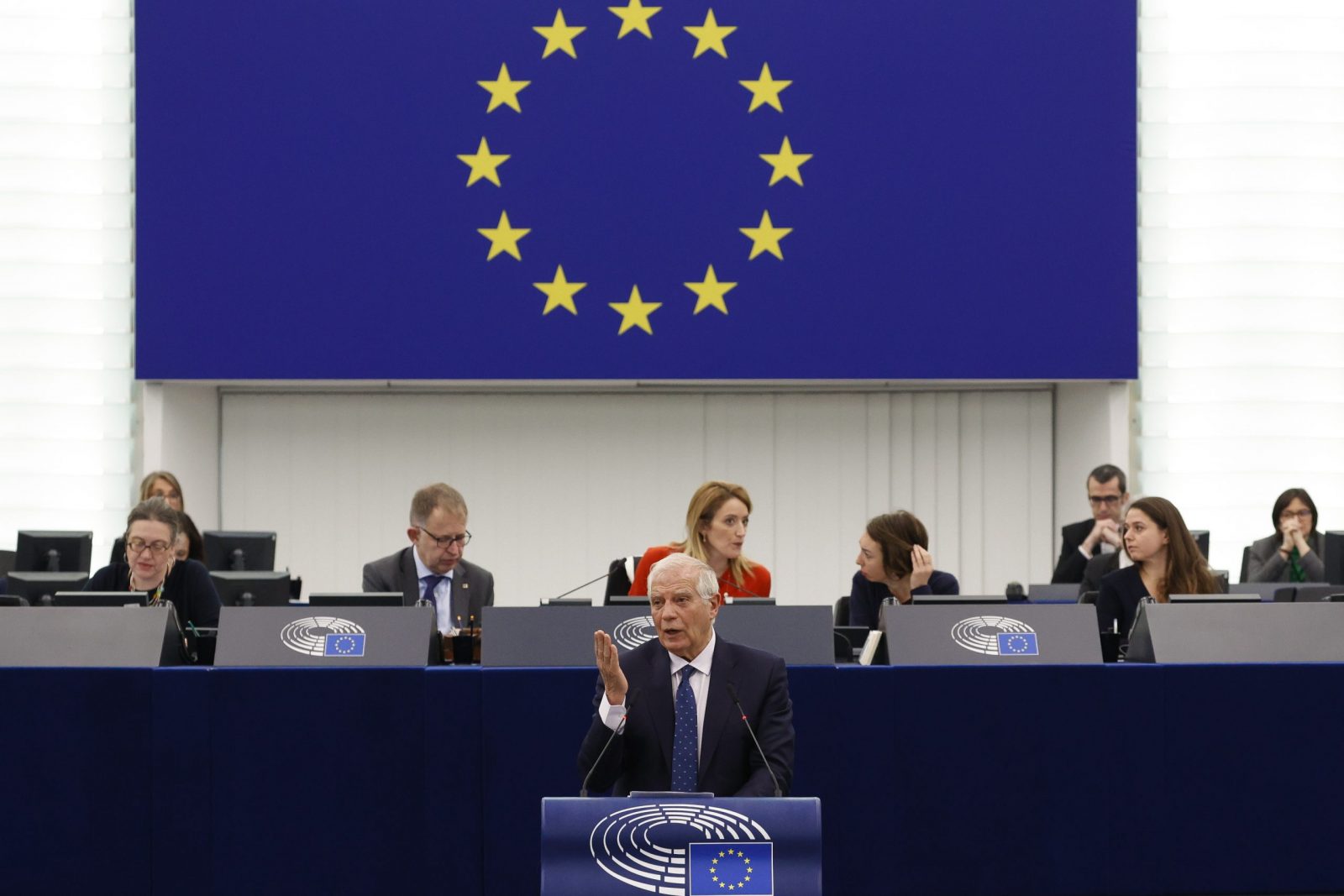 epa10467693 High Representative of the European Union for Foreign Affairs and Security Policy, Josep Borrell, gives a statement on ‘One year of Russia’s invasion and war of aggression against Ukraine’ at the European Parliament in Strasbourg, France, 15 February 2023.  EPA/JULIEN WARNAND
