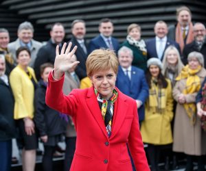 epa10467852 (FILE) - SNP leader Nicola Sturgeon joins the Scottish National Party SNP's newly elected MPs for a group photo outside the V&A Museum in Dundee, Scotland, Britain, 14 December 2019 (reissued 15 February 2023). Scotland's first minister Sturgeon on 15 February 2023 in a news conference announced she is resigning as First Minister.  EPA/ROBERT PERRY *** Local Caption *** 55708608
