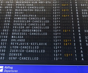 epa10468309 An Airport departure board shows cancelled flights of German airline Lufthansa at the Frankfurt airport in Frankfurt am Main, Germany, 15 February 2023.  According to Lufthansa on 15 February, all departures and landings in Frankfurt have been suspended and flights scheduled from Munich are also partially affected, due to a failure in a telecommunications line in the Frankfurt area which had a major impact on the company's IT  systems.  EPA/ANDRE PAIN