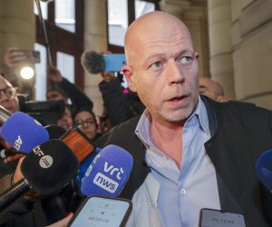epa10470062 Sven Mary, lawyer of Eva Kaili, speaks to media members during a pre-trial court hearing of Kaili and Marc Tarabella at Brussels justice palace, Brussels, Belgium, 16 February 2023. Kaili was dismissed on 13 December from vice presidency of the European Parliament over allegations of corruption. The Greek MEP and three other suspects were arrested by Belgian police as part of an investigation into suspected corruption and money laundering.  EPA/OLIVIER HOSLET