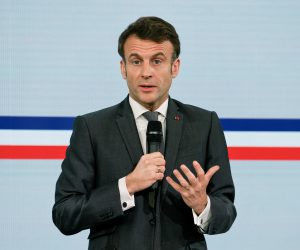 epa10470068 French President Emmanuel Macron delivers a speech during a plenary meeting of the French Islam Forum (FORIF) at the Elysee Presidential Palace, in Paris, France, 16 February 2023.  EPA/LUDOVIC MARIN / POOL  MAXPPP OUT