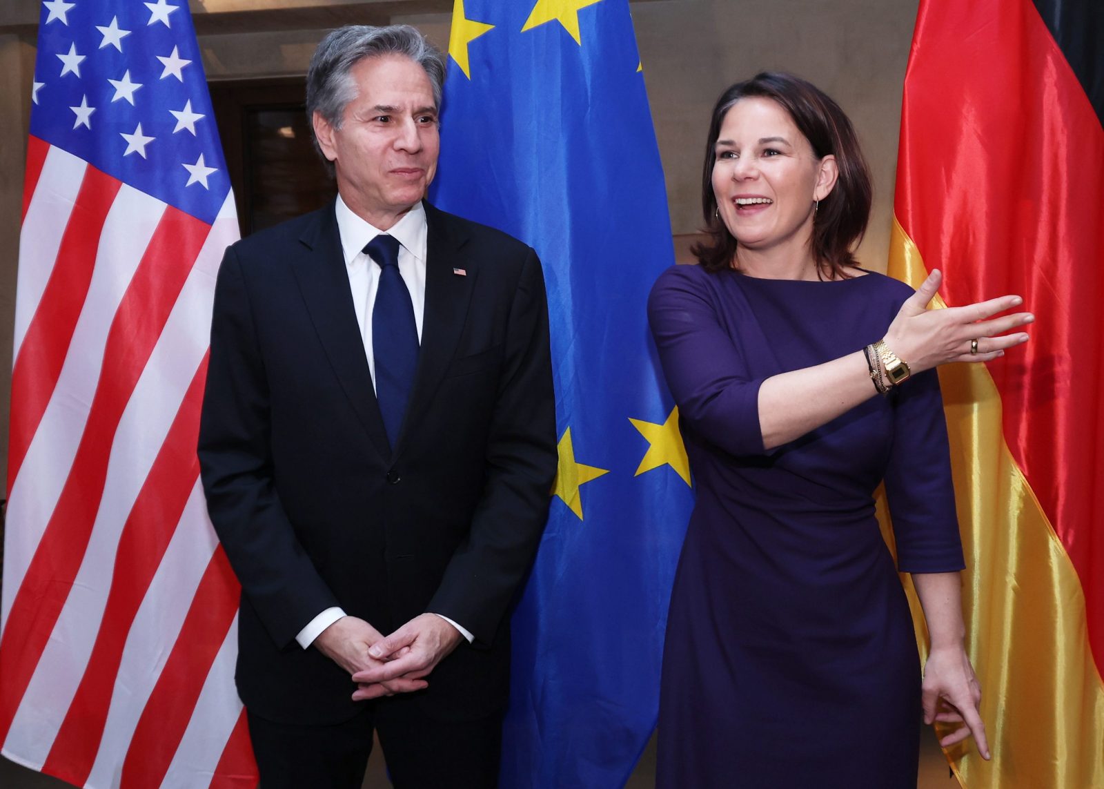 epa10473168 US Secretary of State Antony Blinken (L) and Germany's Foreign Minister Annalena Baerbock during a bilateral meeting on the sidelines of the 2023 Munich Security Conference (MSC) in Munich, Germany, 17 February 2023. More than 500 high-level international decision-makers meet at the 59th Munich Security Conference in Munich during their annual meeting from 17 to 19 February 2023 to discuss global security issues.  EPA/JOHANNES SIMON / POOL