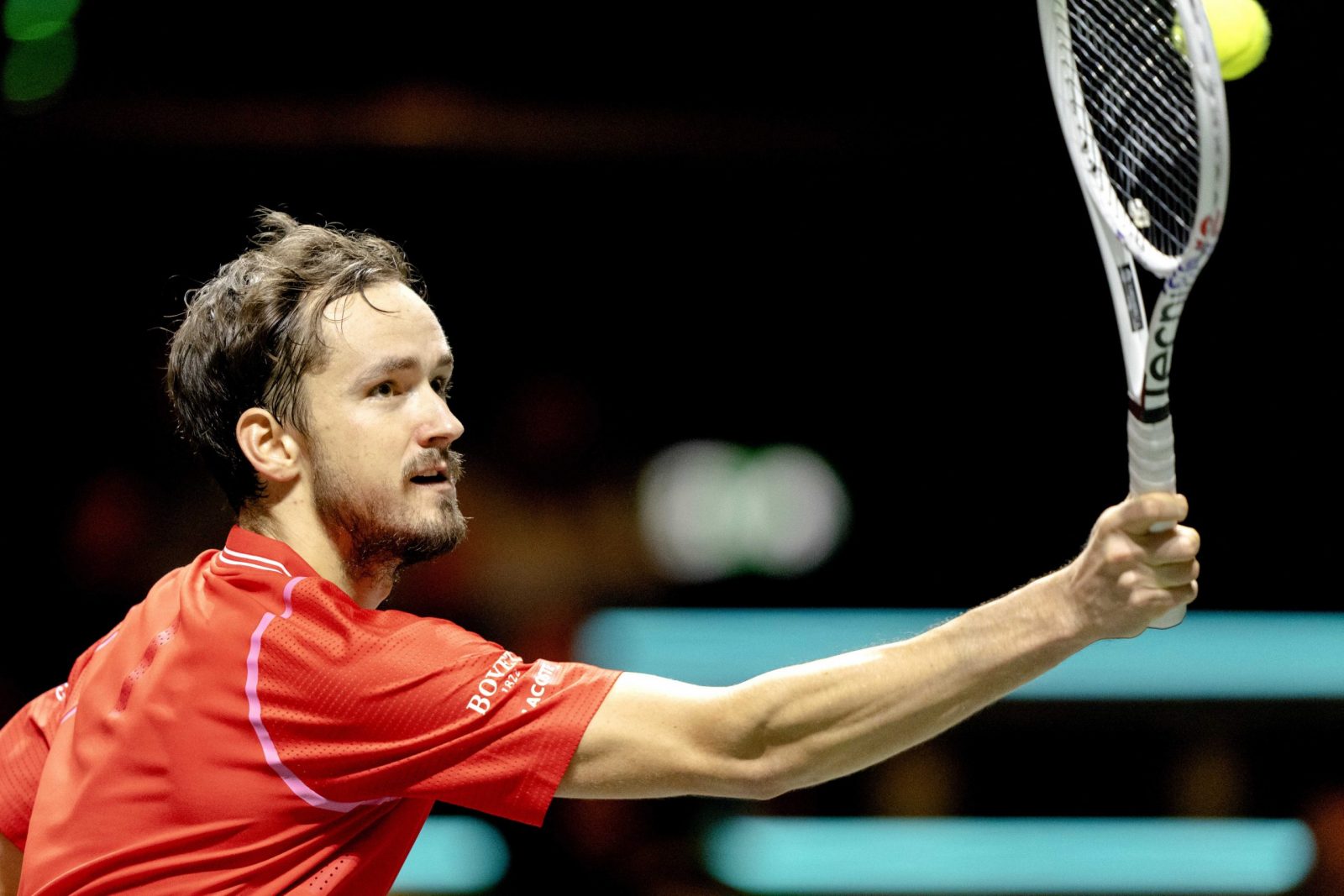 epa10473253 Daniil Medvedev of Russia in action against Felix Auger-Aliassime of Canada during their quarter final match at the ABN AMRO Open tennis tournament in Rotterdam, The Netherlands, 17 February 2023.  EPA/Sander Koning