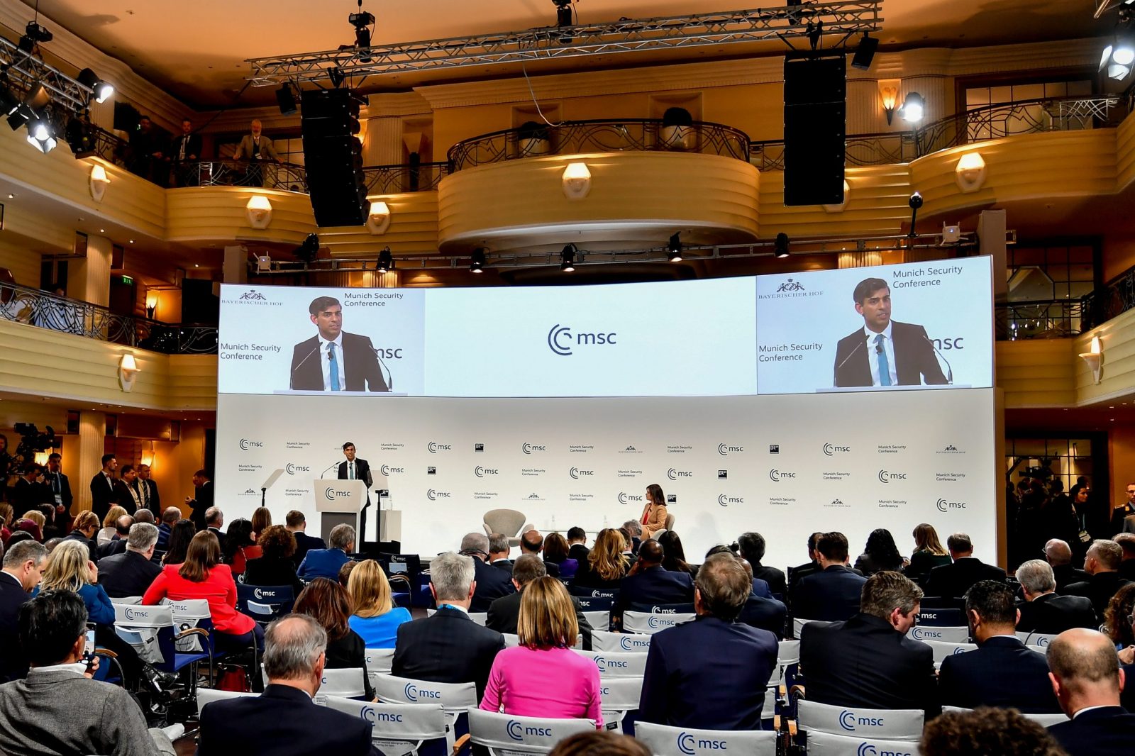 epa10474746 Britain's Prime Minister Rishi Sunak speaks at the 59th Munich Security Conference (MSC) in Munich, Germany, 18 February 2023. More than 500 high-level international decision-makers meet at the 59th Munich Security Conference in Munich during their annual meeting from 17 to 19 February 2023 to discuss global security issues.  EPA/ANNA SZILAGYI