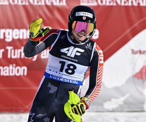 epa10474851 Laurence St-Germain of Canada reacts in the finish area during the second run of the women's slalom race at the FIS Alpine Skiing World Championships in Meribel, France, 18 February 2023.  EPA/JEAN-CHRISTOPHE BOTT