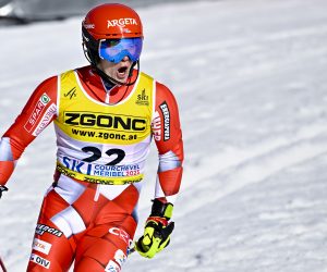 epa10477318 Filip Zubcic of Croatia reacts in the finish area during the second run of the Men's Slalom event at the FIS Alpine Skiing World Championships in Courchevel, France, 19 February 2023.  EPA/MARTIAL TREZZINI