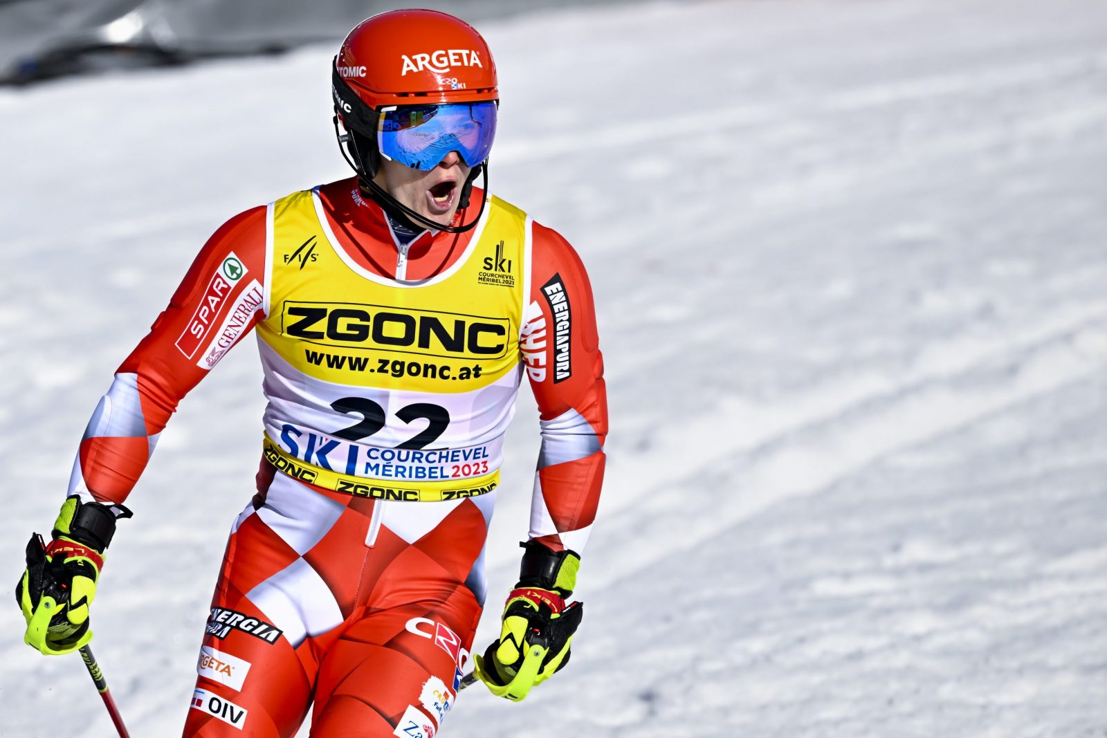epa10477318 Filip Zubcic of Croatia reacts in the finish area during the second run of the Men's Slalom event at the FIS Alpine Skiing World Championships in Courchevel, France, 19 February 2023.  EPA/MARTIAL TREZZINI