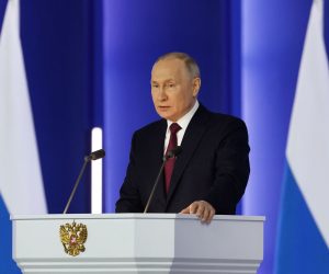 epa10481355 Russia's President Vladimir Putin delivers his annual address before the Federal Assembly at the Gostiny Dvor conference center in Moscow, Russia, 21 February 2023. 'The goal of the West is to inflict a strategic defeat on Russia, to end us once and for all. We will react accordingly, because we are talking about the existence of our country', Putin said during his state of the nation address. About 1,200 people, including lawmakers of Russia’s two-chamber parliament, Government members, heads of the Constitutional and Supreme court, and regional governors, were invited to attend the event.  EPA/DMITRY ASTAKHOV / SPUTNIK / GOVERNMENT PRESS SERVICE POOL MANDATORY CREDIT
