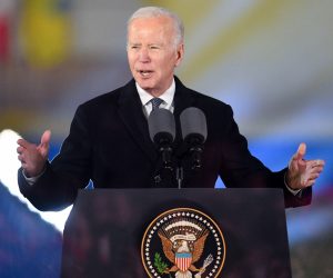 epa10482103 US President Joe Biden delivers a speech at the Kubicki Arcades, in the back gardens of the Royal Castle, in Warsaw, Poland, 21 February 2023. US president Joe Biden arrived in Poland for a two-day visit.  EPA/Radek Pietruszka POLAND OUT