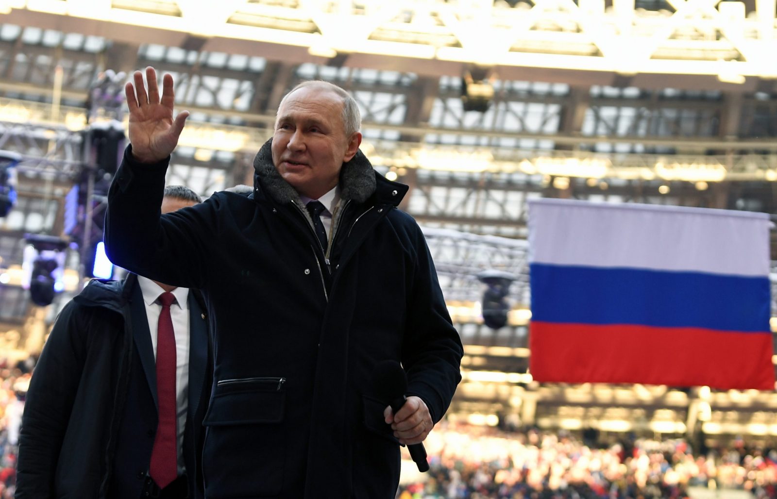 epa10483598 Russian President Vladimir Putin attends a rally-concert 'Glory to defenders of the Fatherland' dedicated to the Defender of the Fatherland Day at Luzhniki Stadium in Moscow, Russia, 22 February 2023. Defender of the Fatherland Day is marked February 23 in Russia, Belarus, Kyrgyzstan, and Tajikistan, commemorating the date in 1918 when the first mass draft into the Red Army took place in Moscow and Petrograd during the country's Civil War and war against the German Emperor.  EPA/MAXIM BLINOV/SPUTNIK/KREMLIN POOL MANDATORY CREDIT