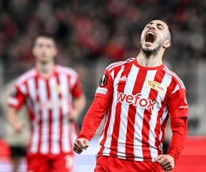 epa10486627 Josip Juranovic of Union celebrates after scoring  during the UEFA Europa League play-off, 2nd leg match between Union Berlin and Ajax Amsterdam in Berlin, Germany, 23 February 2023.  EPA/Filip Singer