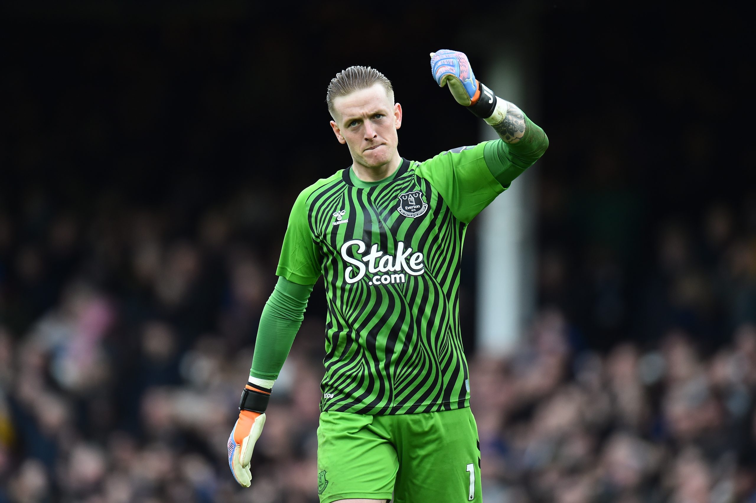 epa10447064 Everton goalkeeper Jordan Pickford reacts after the English Premier League soccer match between Everton FC and Arsenal London in Liverpool, Britain, 04 February 2023.  EPA/Peter Powell EDITORIAL USE ONLY. No use with unauthorized audio, video, data, fixture lists, club/league logos or 'live' services. Online in-match use limited to 120 images, no video emulation. No use in betting, games or single club/league/player publications