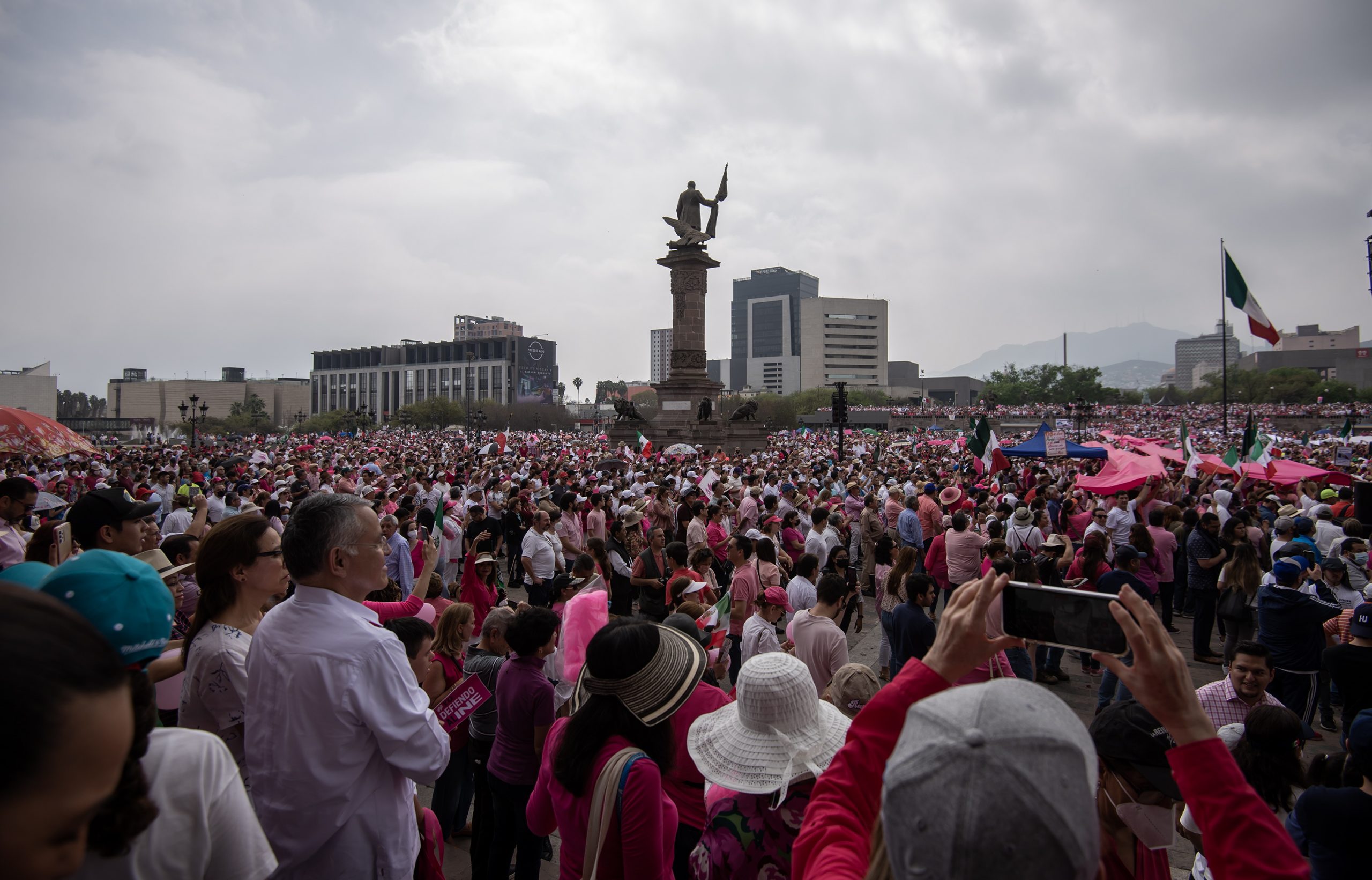 epa10493088 Thousands of people demonstrate on the esplanade of the Macro Plaza in defense of the National Electoral Institute (INE) and against the electoral reform promoted by the president of the country, Andres Manuel Lopez Obrador, in Monterrey, Mexico 26 February 2023.  EPA/Miguel Sierra