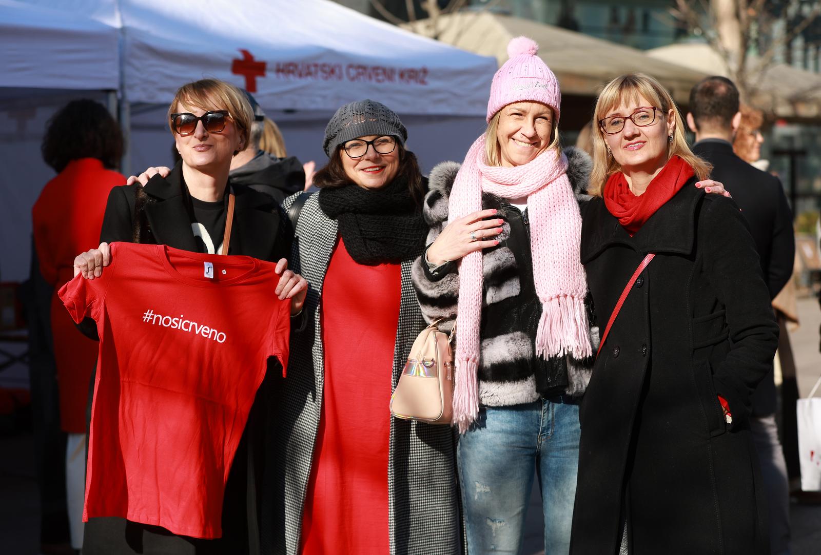 01.02.2023., Zagreb - Trg Petra Preradovica. Zene koje su imale mozdani udar: Manuela Kurtic, Zeljka Gracin, 
Katica Sertic i 
Ivana Skarpa Dulcic. Javnozdravstveno-edukativna akcija “Dan crvenih haljina 2023.”, u organizaciji Hrvatskog lijecnickog zbora – Hrvatskog neuroloskog drustva i Gradskog ureda za socijalnu zastitu, zdravstvo, branitelje i osobe s invaliditetom. Cilj kampanje je podici svijest o specificnostima mozdanog udara u zena, upozoriti na pogubne posljedice zanemarivanja simptoma i potrebu promjena nacina zivota. Photo: Sanjin Strukic/PIXSELL