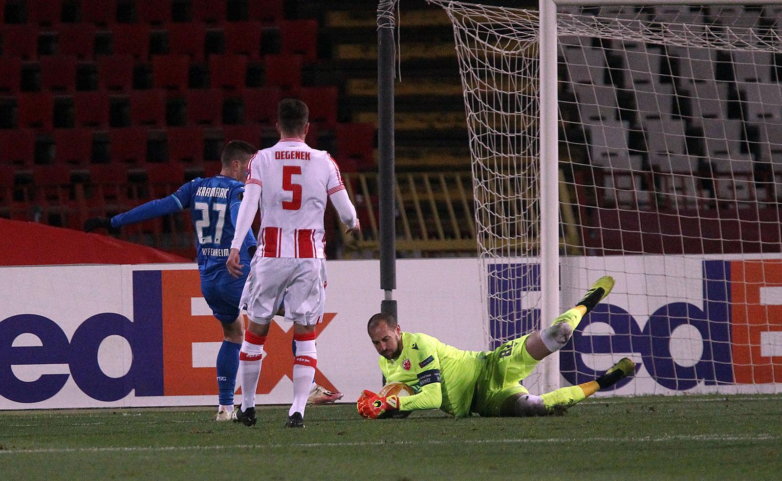 03, December, 2020, Belgrade - The match of the 5th round of Group L of the UEFA Europa League between FK Crvena zvezda and TSG 1899 Hoffenheim at the Rajko Mitic Stadium. Andrej Kramaric, #27 (TSG 1899 Hoffenheim), Milos Degenek, #5 (FK Crvena zvezda) and Milan Borjan, #82 (FK Crvena zvezda). Photo: A.K./ATAImages"n"n03, decembar, 2020, Beograd  - Utakmica 5. kola grupe L UEFA Lige Evrope izmedju FK Crvena zvezda i TSG 1899 Hoffenheim na stadionu Rajko Mitic. Photo: A.K./ATAImages