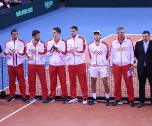 04.02.2023. dvorana Zamet, Rijeka - Kvalifikacijski susret Davis Cupa izmedju Hrvatske i Austrije. Otvorenje. Ivan Dodig, Nikola Mektic, Nino Serdarusic, Borna Gojo, Borna Coric, izbornik Vedran Martic Photo: Nel Pavletic/PIXSELL