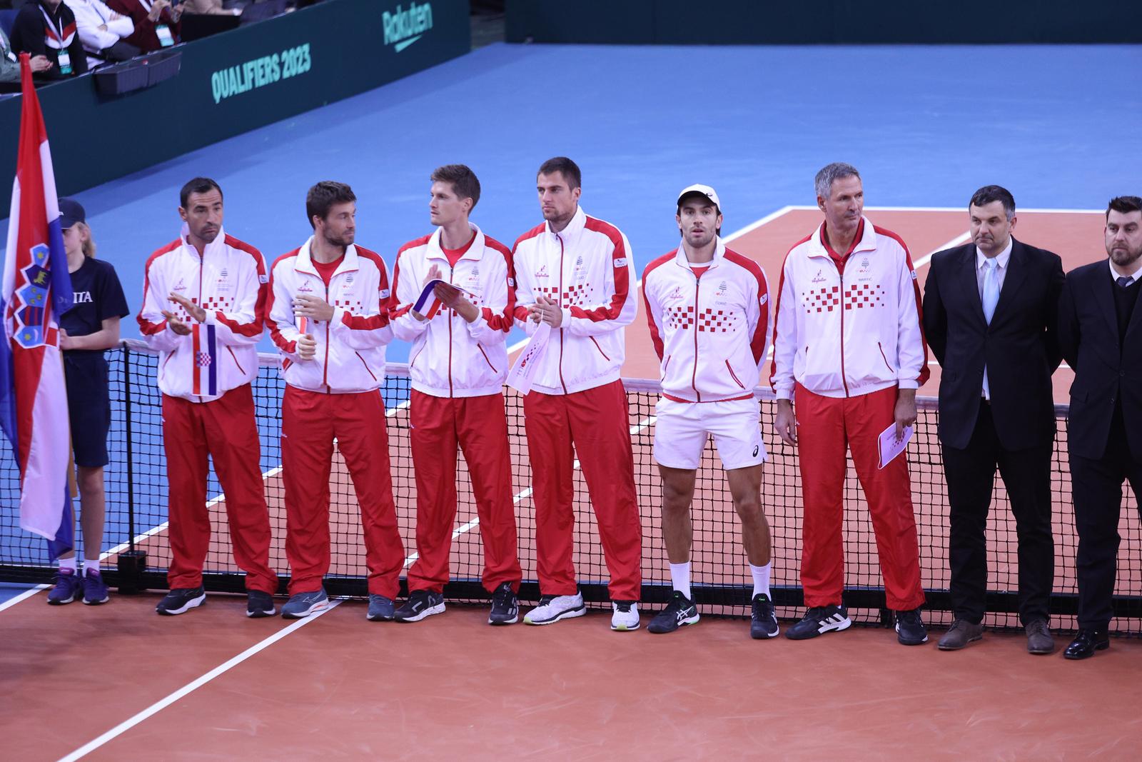 04.02.2023. dvorana Zamet, Rijeka - Kvalifikacijski susret Davis Cupa izmedju Hrvatske i Austrije. Otvorenje. Ivan Dodig, Nikola Mektic, Nino Serdarusic, Borna Gojo, Borna Coric, izbornik Vedran Martic Photo: Nel Pavletic/PIXSELL