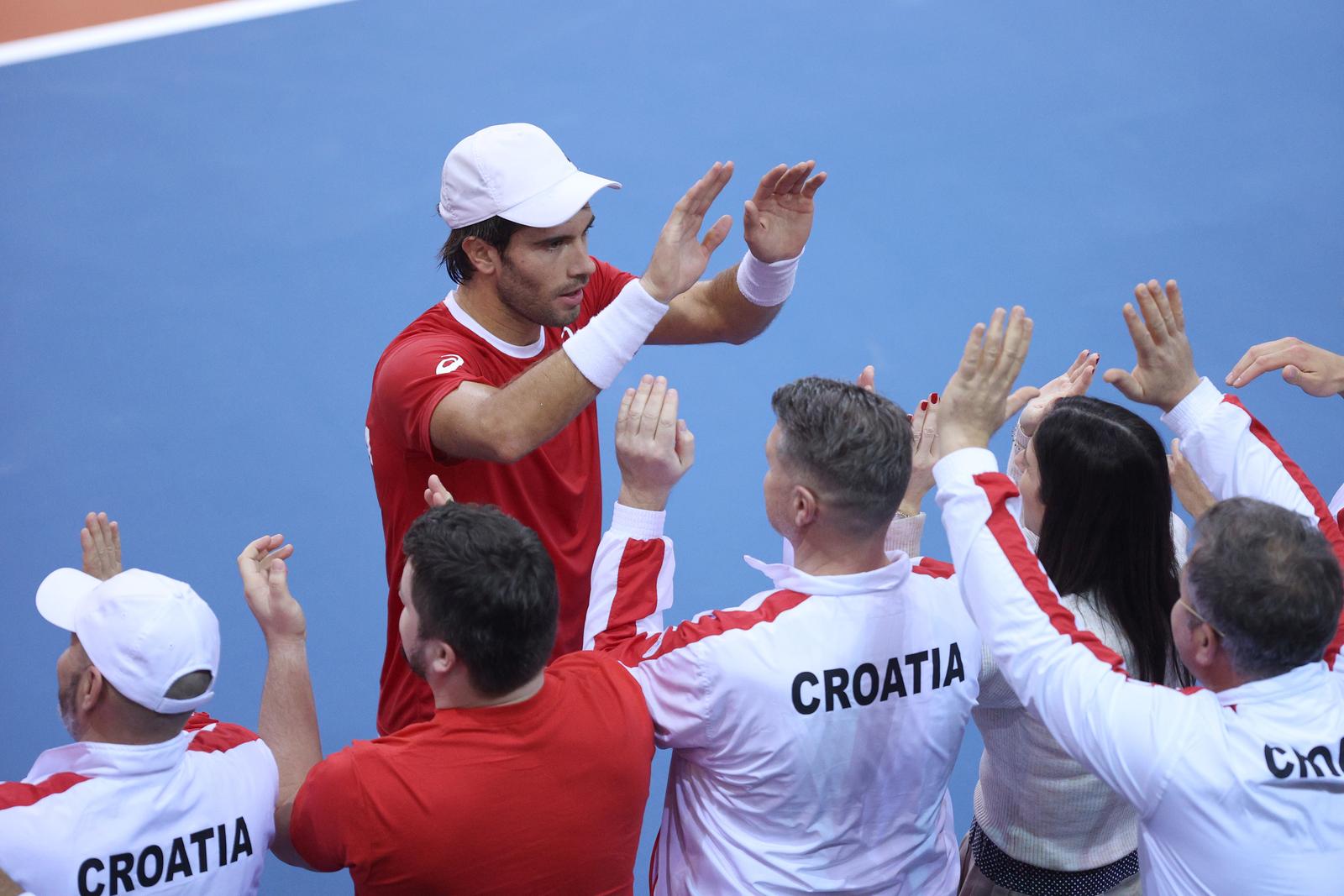 04.02.2023. dvorana Zamet, Rijeka - Kvalifikacijski susret Davis Cupa izmedju Hrvatske i Austrije. Borna Coric tijekom prvog meca protiv Dennisa Novaka. Photo: Nel Pavletic/PIXSELL