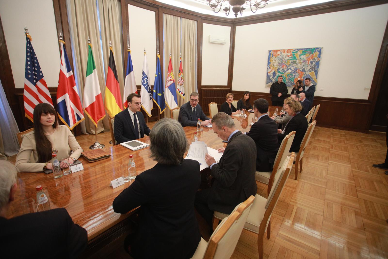 09, February, 2023, Belgrade - The President of the Republic of Serbia, Aleksandar Vucic, met with the ambassadors of the Quinte countries to the OSCE in Vienna and the highest diplomatic representatives of those countries in Belgrade. Petar Petkovic, Aleksandar Vucic.   

09, februar, 2023, Beograd - Predsednik Republike Srbije Aleksandar Vucic sastao se sa ambasadorima zemalja Kvinte pri OEBS u Becu i najvise diplomatske predstavnike tih zemalja u Beogradu.    Photo: Milos Tesic/ATA Images/PIXSELL