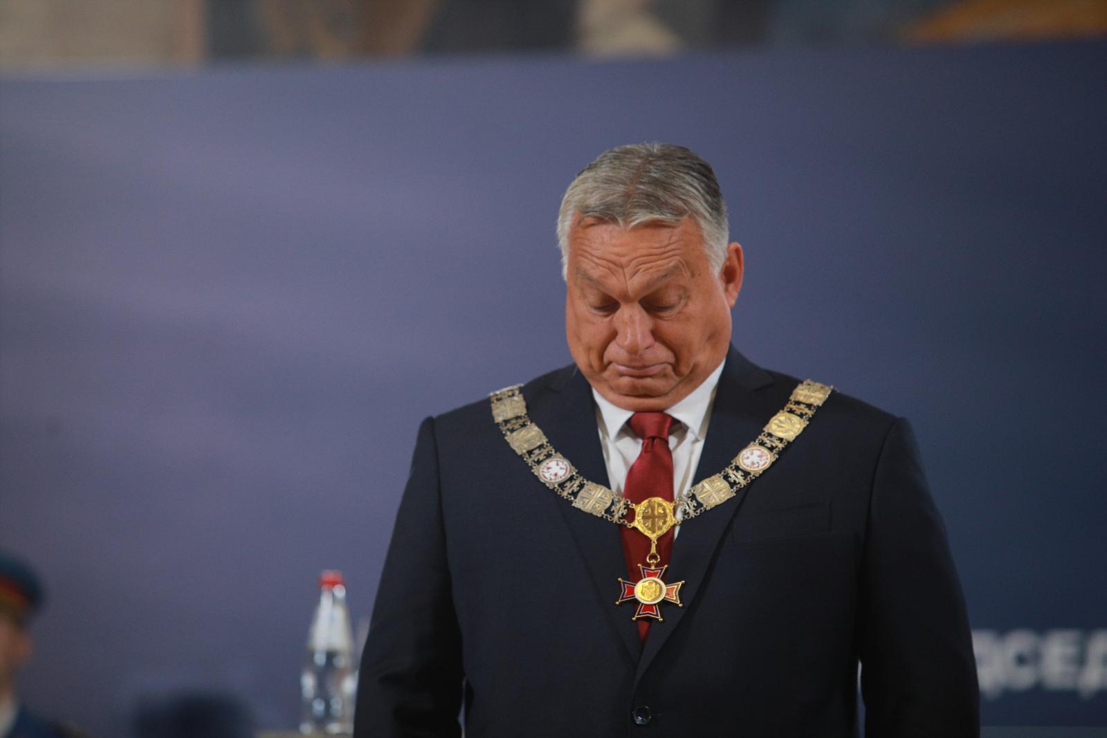 16, September, 2022, Belgrade - The President of Serbia, Aleksandar Vucich, presented the Prime Minister of Hungary, Viktor Orban, with the Order of the Republic of Serbia on a large necklace for outstanding services in developing and consolidating peaceful cooperation and friendly relations between the Republic of Serbia and Hungary. Viktor Orban. Photo: Milos Tesic/ATAImages

16, septembar, 2022, Beograd - Predsednik Srbije Aleksandar Vucich urucio je premijeru Madjarske Viktoru Orbanu Orden Republike Srbije na velikoj ogrlici za izuzetne zasluge u razvijanju i ucvrscivanju miroljubive saradnje i prijateljskih odnosa izmedju Republike Srbije i Madjarske. Photo: Milos Tesic/ATAImages Photo: Milos Tesic/PIXSELL