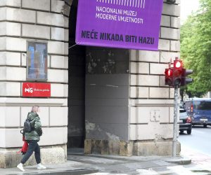 19.04.2021., Zagreb - Spor izmedju novoimenovanog Nacionalnog muzeja moderne umjetnosti i HAZU zbog vlasnistva nad palacom Vranyczany i dijela umjetnina preselio se na procelje muzeja i porukom “Nacionalni muzej moderne umjetnosti nikada nece biti HAZU” nedoljivo podsjeca na rat i ratnu retoriku.rPhoto: Patrik Macek/PIXSELL