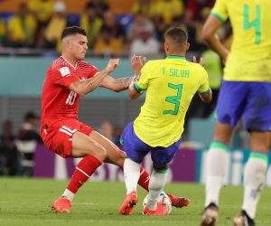 27.11.2022., Stadion 974, Katar - FIFA Svjetsko prvenstvo, skupina G, 2. kolo, Brazil - Svicarska. Granit Xhaka, Thiago Silva Photo: Goran Stanzl/PIXSELL