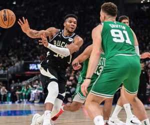 Feb 14, 2023; Milwaukee, Wisconsin, USA;  Milwaukee Bucks forward Giannis Antetokounmpo (34) passes against Boston Celtics forward Blake Griffin (91) in the second quarter at Fiserv Forum. Mandatory Credit: Benny Sieu-USA TODAY Sports Photo: Benny Sieu/REUTERS