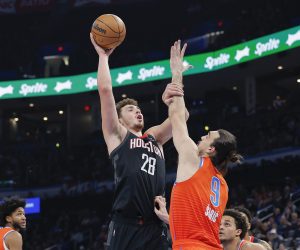 Feb 15, 2023; Oklahoma City, Oklahoma, USA; Houston Rockets center Alperen Sengun (28) shoots against Oklahoma City Thunder forward Dario Saric (9) during the first quarter at Paycom Center. Mandatory Credit: Alonzo Adams-USA TODAY Sports Photo: Alonzo Adams/REUTERS