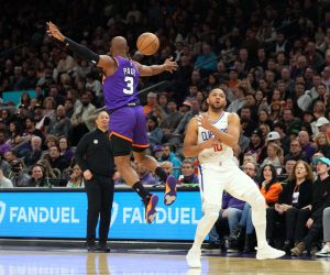 Feb 16, 2023; Phoenix, Arizona, USA; Phoenix Suns guard Chris Paul (3) breaks up a pass intended for LA Clippers guard Eric Gordon (10) during the second half at Footprint Center. Mandatory Credit: Joe Camporeale-USA TODAY Sports Photo: Joe Camporeale/REUTERS